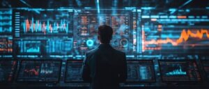 Person standing before glowing data dashboards and analytics charts, representing digital financial tracking