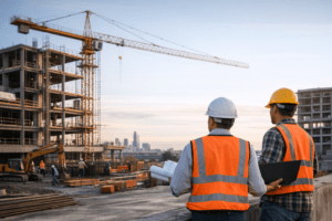 Two construction workers in hard hats and safety vests reviewing plans at a construction site with a crane in the background