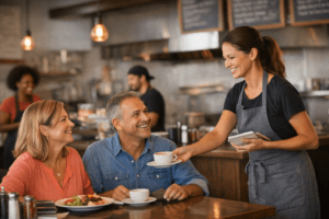 A server bringing food to smiling customers at a busy restaurant counter