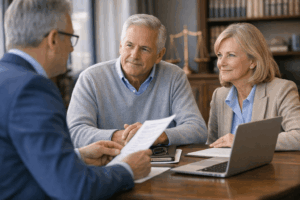 A financial advisor reviewing estate and trust planning documents with an older couple