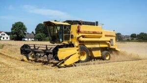 Combine harvester cutting a golden wheat field under a bright blue sky