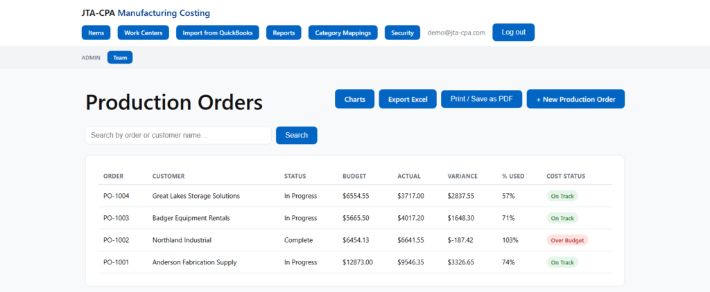 JTA-CPA Manufacturing Costing Portal dashboard showing four production orders with On Track and Over Budget cost statuses