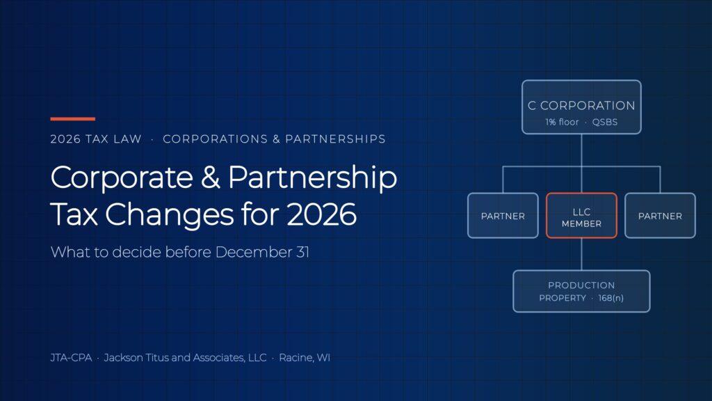 Navy graphic with the title Corporate and Partnership Tax Changes for 2026 beside an entity diagram linking a C corporation, partners, an LLC member and production property