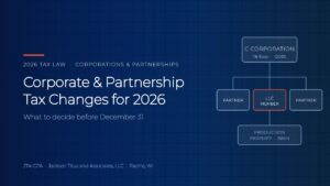 Navy graphic with the title Corporate and Partnership Tax Changes for 2026 beside an entity diagram linking a C corporation, partners, an LLC member and production property